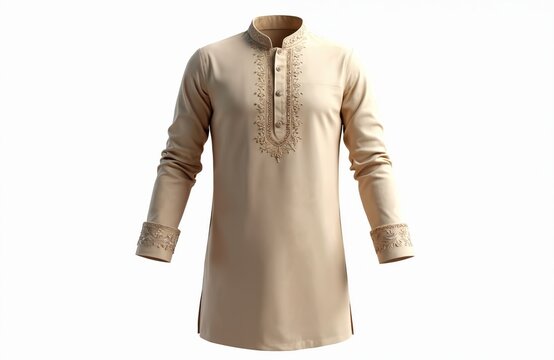 3D render of elegant beige mens Kurta. Intricate earth tone embroidery adorns placket, cuffs. Traditional South Asian outfit perfect for cultural events, celebrations, festive wear. Formal attire.