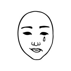 human mask frontally with the emotion of joy and sadness at the same time - hand drawn sketch line art
