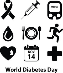 World diabetes day icons including ribbon syringe glucose meter drop food and running symbol