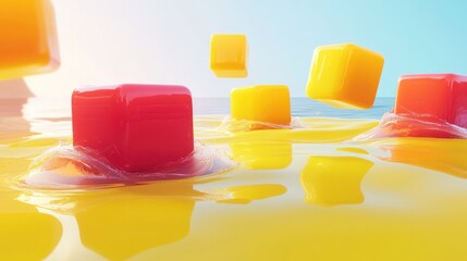 Colorful cubes falling into a liquid