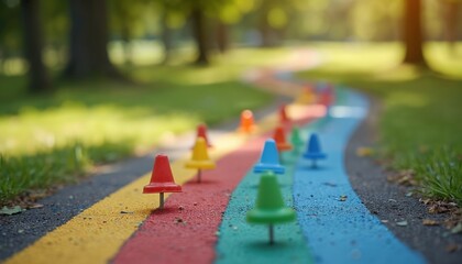 Colorful markers line winding path in sunny park. Bright colored section represents unique step on journey. Pins clearly show progress different choices for future route. Visual map helps guide way