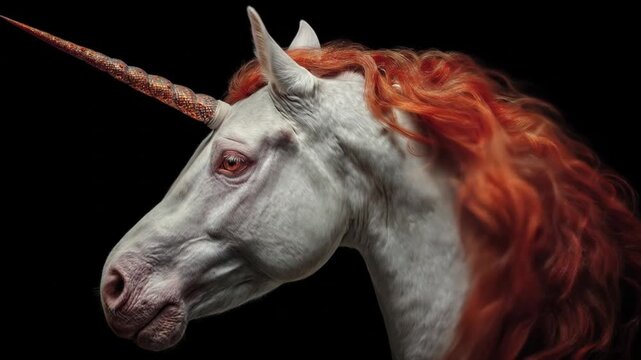 Majestic unicorn portrait with red mane and golden horn on black background