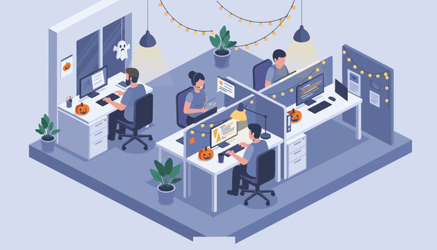 Employees celebrate Halloween at a festive office working on projects in a cheerful cubicle environment