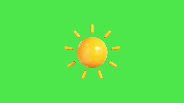 A bright animated sun icon with yellow rays and a pulsing effect on a vibrant green screen.