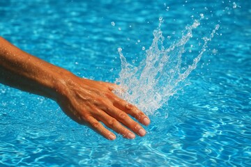 Close-up of hand splashing clear blue water in swimming pool under sunlight, refreshing summer concept