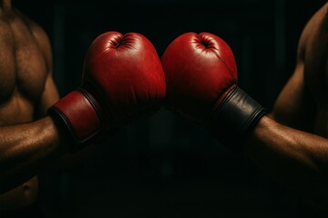 Two boxers bumping red gloves before fight, dark gym atmosphere, strength and competition concept