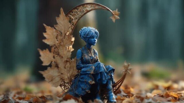 Artistic figurine of a woman sitting on crescent moon in a forest setting