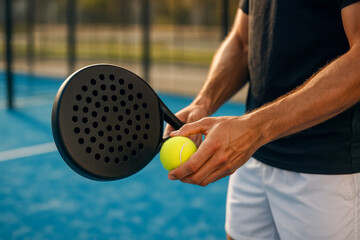 Close-up of male padel player preparing to serve with racket and ball on blue court, focus on hands and gear, outdoor sports concept