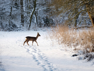 A lone deer walks through a snowy meadow, winter wildlife scene in a frosty forest landscape