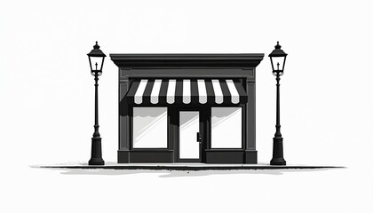 Black and white illustration of shop facade. Street lamps flank the storefront. Minimalist design depicts a commercial establishment with a striped awning on white background.