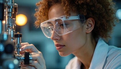 Young woman scientist with curly hair wears safety goggles, works with complex lab equipment. Conducts scientific research, focusing on tech experiment details. Female engineer adjusts modern device