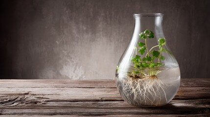 carboy. Clear glass carboy with floating green plant and visible roots on rustic wooden surface. gardening catalogs, home-decor guides, designed for home decor and floral branding.