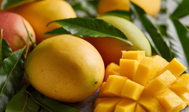 fresh mangoes, featuring yellow and orange hues with green leaves on the sides