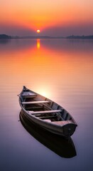 Obraz premium Serene sunrise over lake with wooden boat for international stress awareness day tranquility concept