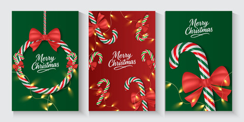 Naklejka premium Merry Christmas and Happy New Year greeting cards, xmas banner background with typography, light, bow and candy cane for cover, poster design with trendy gradient shadow style illustration.