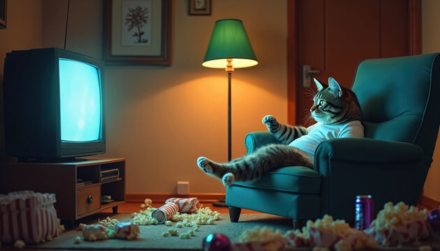Tabby cat wears t-shirt, relaxes in armchair. It watches old TV at night. Spilled popcorn covers floor in messy living room. Floor lamp casts warm light. Cat enjoys quiet evening entertainment.