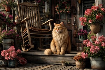 sunny country porch decorated with potted geraniums, hanging baskets, and a rocking chair, a fluffy orange cat resting on the steps