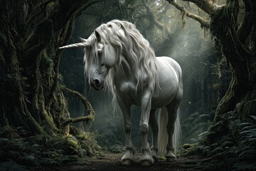 majestic white unicorn standing in a sun-dappled enchanted forest, shafts of light through ancient trees, moss and leaves