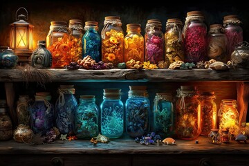Rustic wooden kitchen shelf filled with colorful glass jars glowing with soft inner light, dried herbs, flowers, and tiny enchanted objects