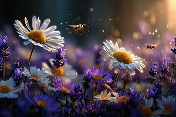 tiny glowing fairies and bees flying between blooming daisies and lavender, sunlight filtering through petals,