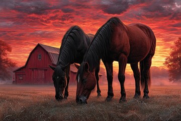 beautiful sunrise over a red barn, two horses grazing in front, dew on the grass sparkling