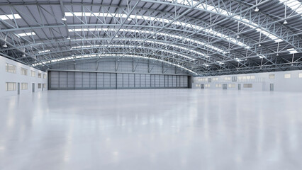 Industrial round roof hangar interior with a metal ceiling, spacious and empty, featuring light gray flooring and walls. Ideal for business presentations. 3D Rendering