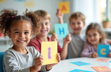 Happy diverse preschool children learn letters together in bright classroom. Kids hold up colorful alphabet flash cards, smiling broadly. Young students develop early literacy skills. Communicate,