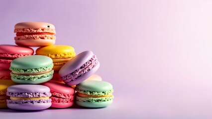 Fototapeta premium Colorful macarons stacked on a smooth surface with soft lighting creating an inviting dessert display