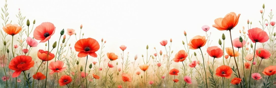 Watercolor illustration of a field of red poppy flowers. Poppies are different sizes with green stems, leaves and buds. Soft pink flowers on beige background.