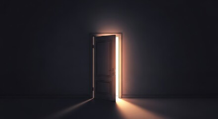 An open door in a dark room, with a strong beam of warm light spilling out onto the floor, creating dramatic shadows and highlighting the entrance
