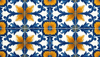 Obraz premium Artwork presents decorative floral tile design. Blue ornate leaves contrast gold flower center on white background. Symmetric elements create repeating pattern aesthetic for stylish wall finish. Tile