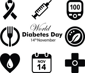 World diabetes day icons set celebrating health awareness and prevention on november 14th