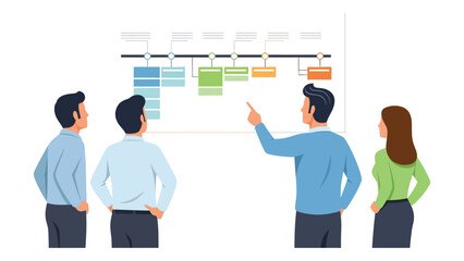 Business team analyzing a timeline chart planning project milestones vector illustration for presentation or infographic