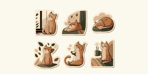 Cute Cat Stickers Featuring Feline Friends in Cozy Home Settings, Relaxing and Playful Poses