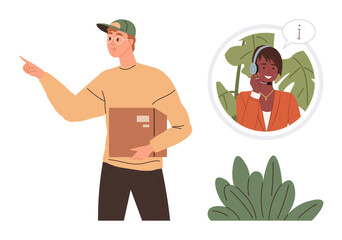Delivery worker holding a package and pointing for directions while inquiring with a customer service agent. Ideal for logistics, delivery, customer support, service interaction, e-commerce