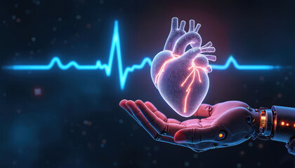 Robotic arm holds heart with pulse trace. Digital human heart hovers above bionic palm. Innovation in med tech symbolizes healthcare future showing advancement artificial intelligence and diagnostics.