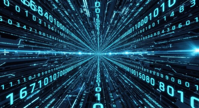 Dynamic digital data tunnel with glowing binary code, futuristic technology