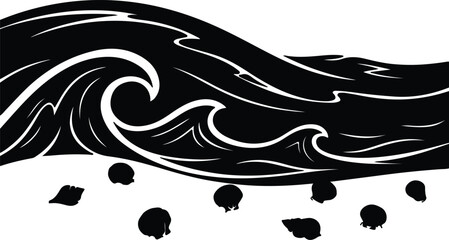 Vector sea wave with rose petals black silhouette illustration