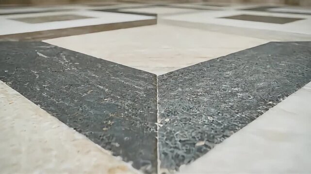 Detailed close-up of geometric black and white tiles creating an intricate floor pattern Rough textured stone and smooth surfaces offer a striking architectural