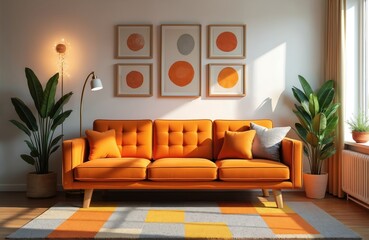 Cozy living space features an orange sofa with pillows artwork and indoor plants. This modern interior includes a patterned rug warm colors and floor lamp creating inviting home decor.