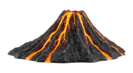 Render of a volcano erupting lava, dark rock, fiery orange glow against black