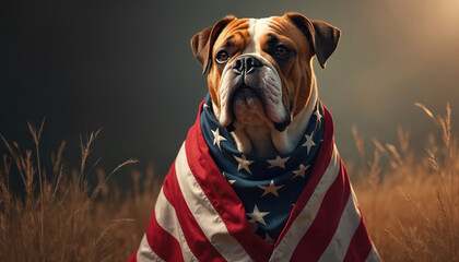 American Bulldog wrapped in American flag in a field. Dog with flag cloth around body. Patriotic animal portrait with USA symbol. Brown dog with white markings in flag attire.