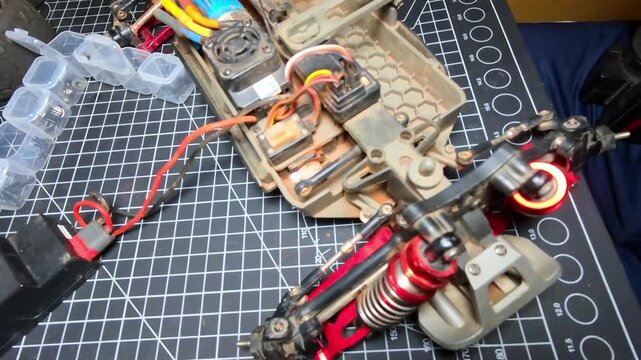Top-angle footage of testing a toy car's wheel drive servo. Videography of the servo mechanism that drives the wheels to turn left and right. Repair and maintenance of toy hobby RC cars in 4K Footage