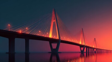 Obraz premium Stunning Modern Bridge Illuminated at Dusk with Vibrant Lights