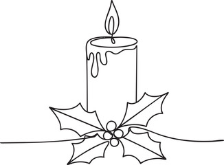 Continuous one line drawing of a candle with holly leaves symbolizing warm cozy winter atmosphere and festive holiday spirit in minimalist style