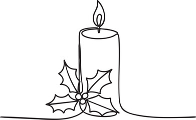 Continuous one line drawing of a candle with holly leaves symbolizing warm cozy winter atmosphere and festive holiday spirit in minimalist style