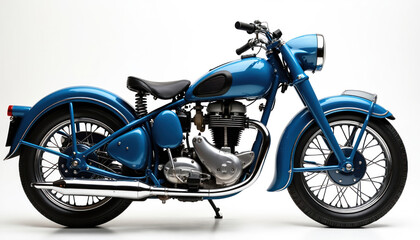 Fototapeta premium Beautiful blue vintage motorcycle sits on white background. Classic bike features chrome details, black leather. Old motorbike shows retro design, restoration quality, historic transport. Elegant