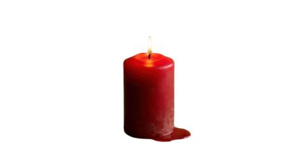 A single red pillar candle with a lit wick and melted wax dripping down its sides isolated on transparent background