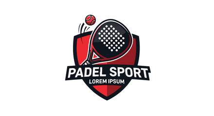 Fototapeta premium Padel sport logo design with a modern racket and ball on a shield emblem. Vector illustration for a sports club or tournament badge