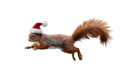 Adorable red squirrel wearing a festive santa hat in mid leap isolated on transparent background